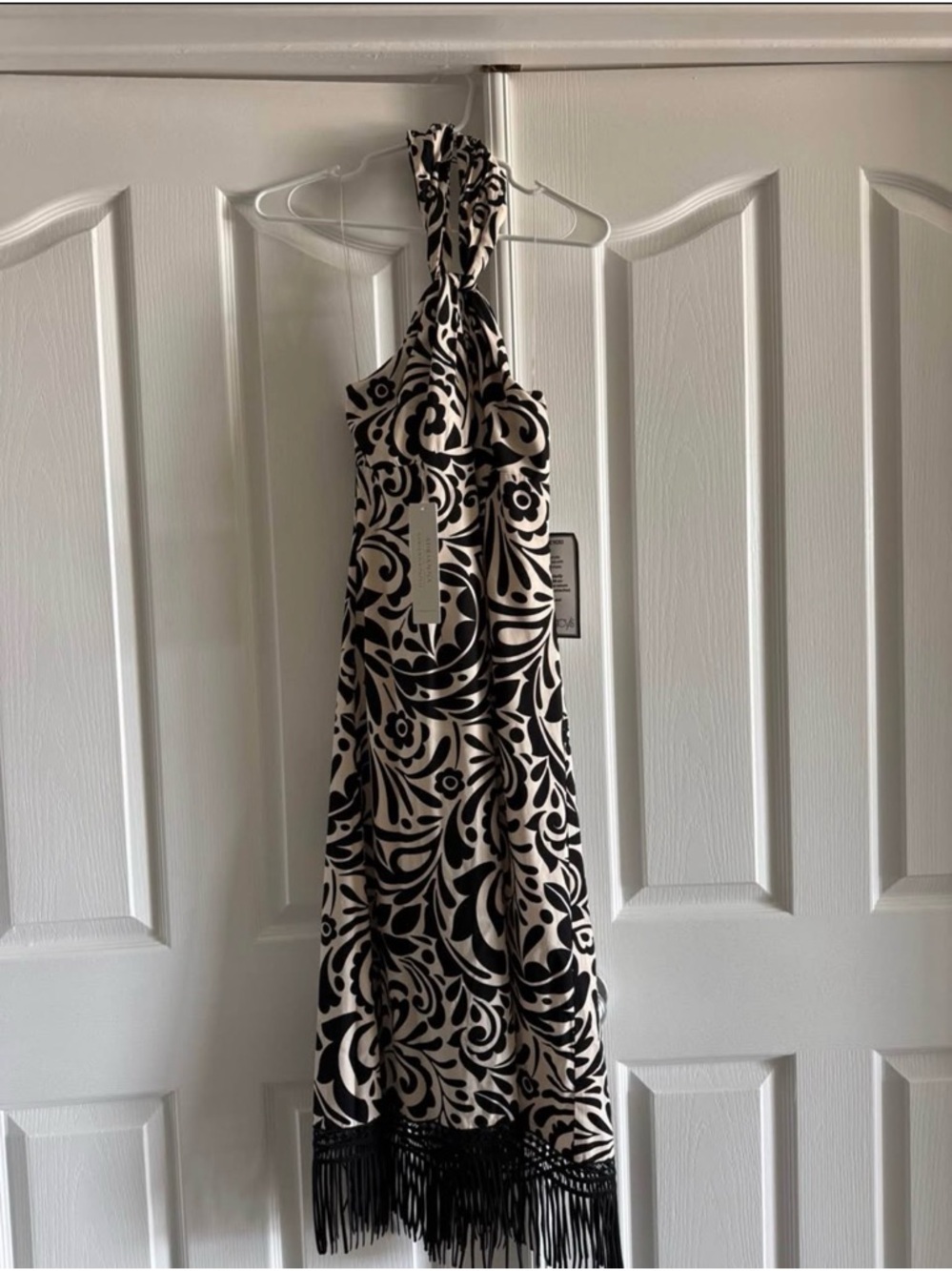 Black and Cream Halter Dress with Fringe